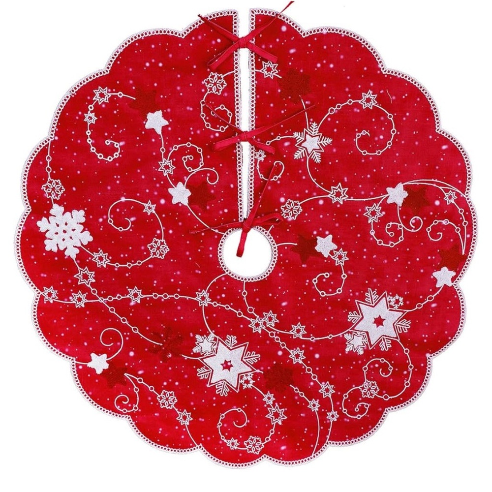 Towel Embroidered Red Christmas Snowflakes 36 inch Tree Skirt, Double Thickness